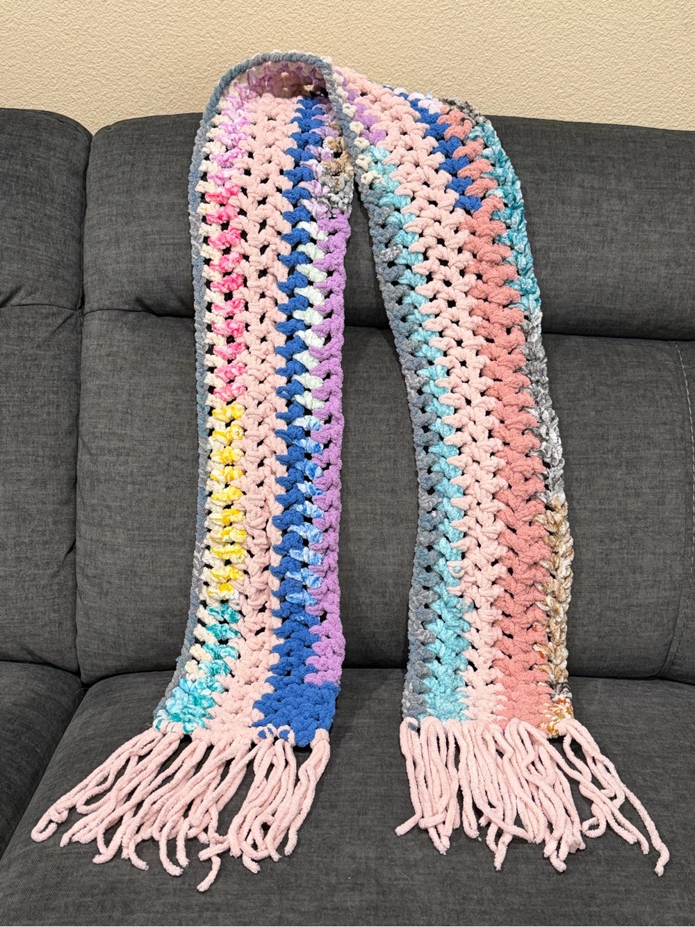 Homemade Multi-Color Crochet Scarf with Pink Fringe